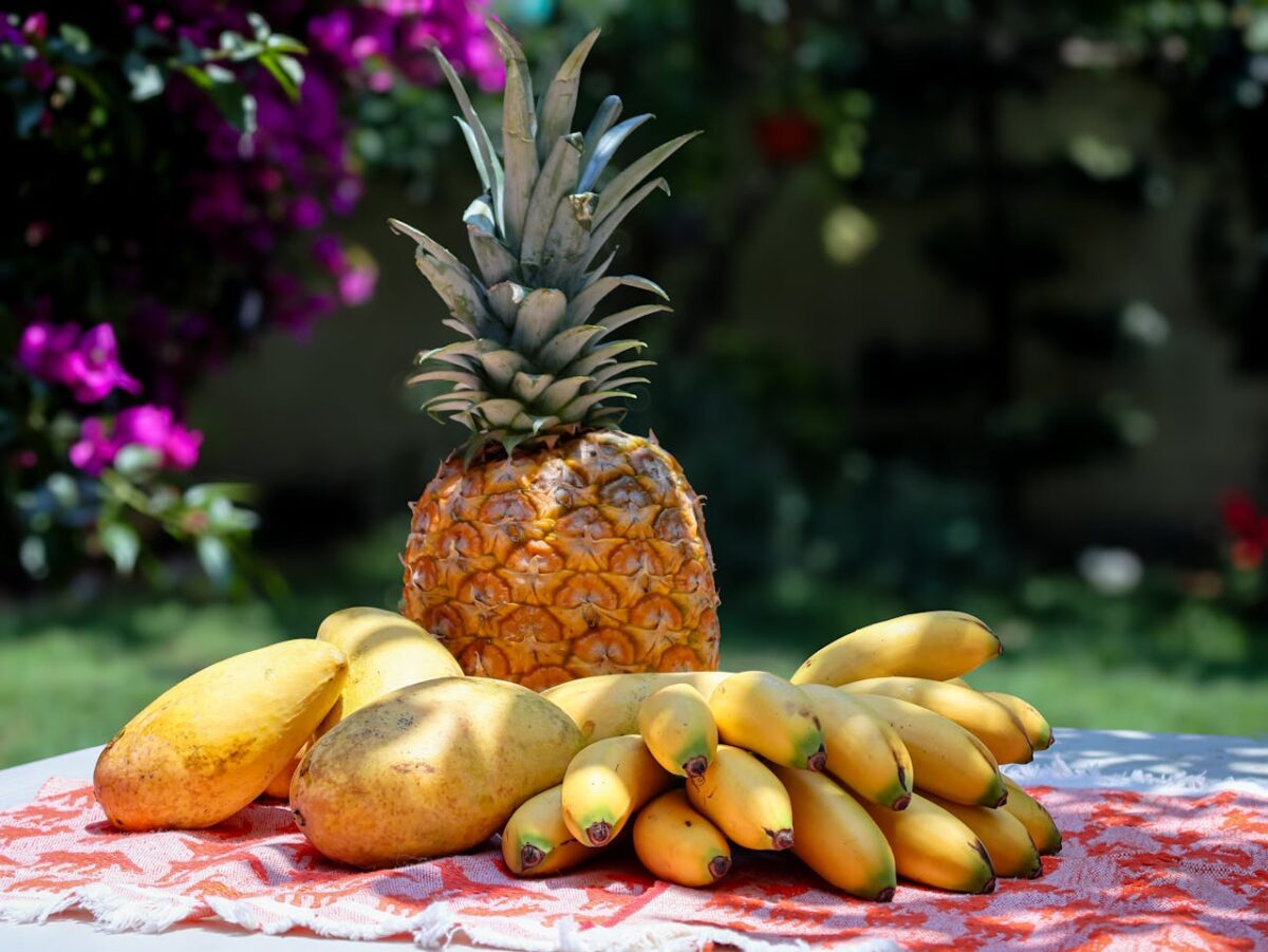 A vibrant arrangement of pineapple, mangoes, and bananas outdoors.